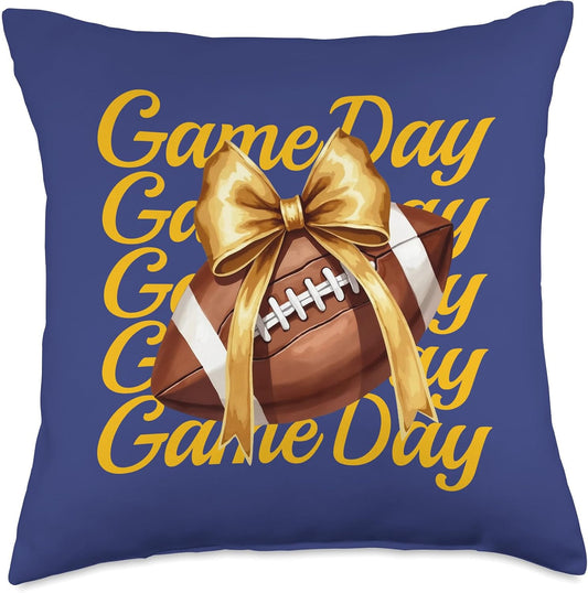 Cheer Fall Football Mom Retro Yellow Game Day Croquette Bow Throw Pillow
