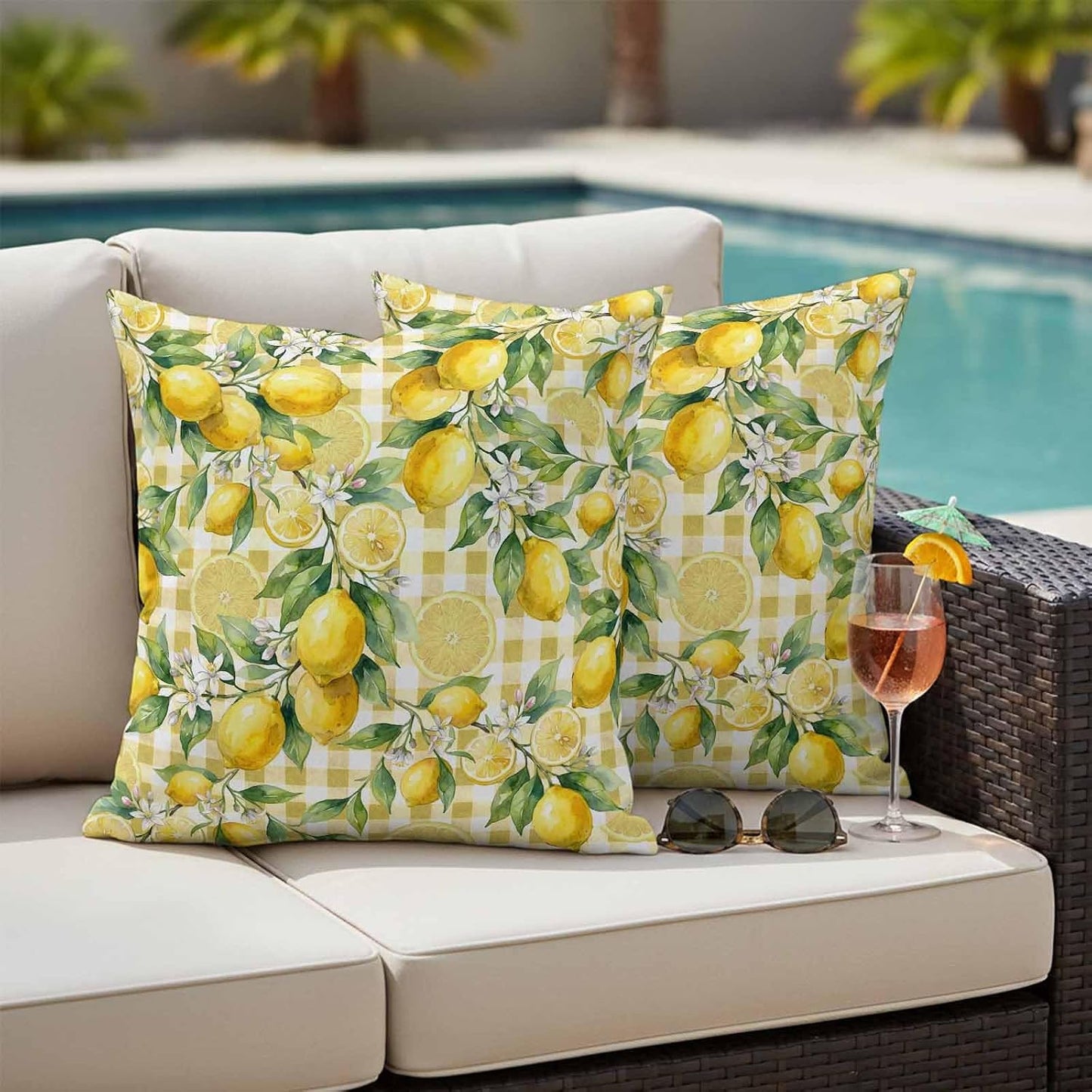 Outdoor Pillow Covers 18x18 Pack of 2, Summer Lemon Country Leaves Decorative Pillow Cover Waterproof Pillowcase, Yellow White Buffalo Check Farmhouse Cushion Covers for Garden Patio Sofa Couch Bench