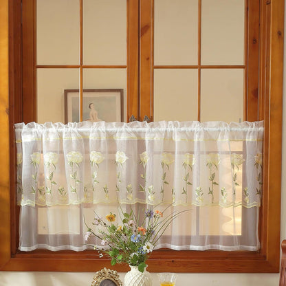 2 Panels Yellow Rose Sheer Valances for Windows Double-Layered Lace Floral Embroidered Kitchen Curtains Over Sink Cafe Curtain, Window Short Small Drapes(Yellow,55"x18")