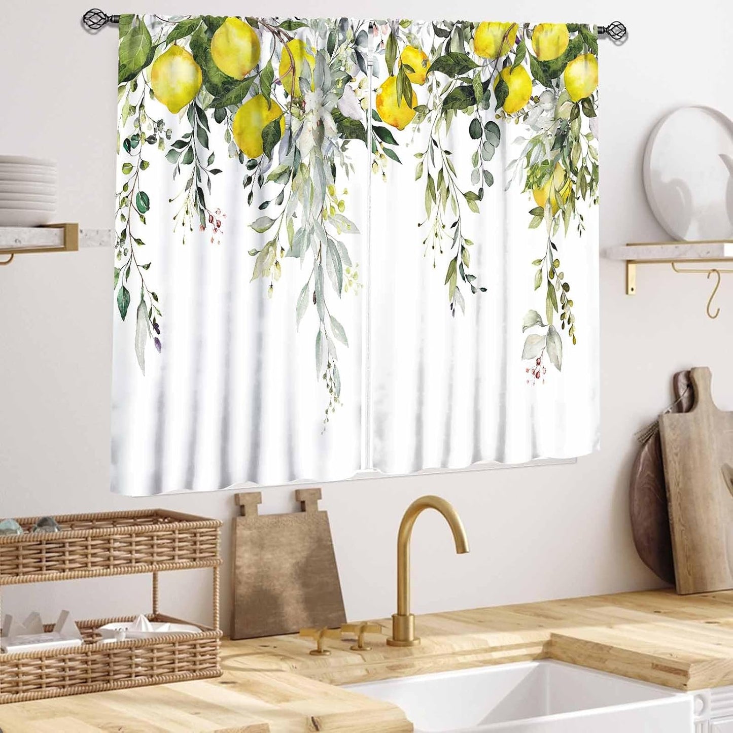 Yellow Lemon Kitchen Window Curtains,Eucalyptus Botanical Leaves Herb Plant Floral Fruit Rural Farmhouse Spring Summer Bedroom Living Room Bathroom 2 Panels,55X39 Inch