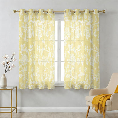 Lemon Yellow Flower Sheer Curtains 39 Inch Long 2 Panels, Pastoral White Plant Petal Leaf Rustic Linen Light Filtering Semi Sheer Drapes Grommet Voile Window Curtain for Living Bedroom W27.9 x L39