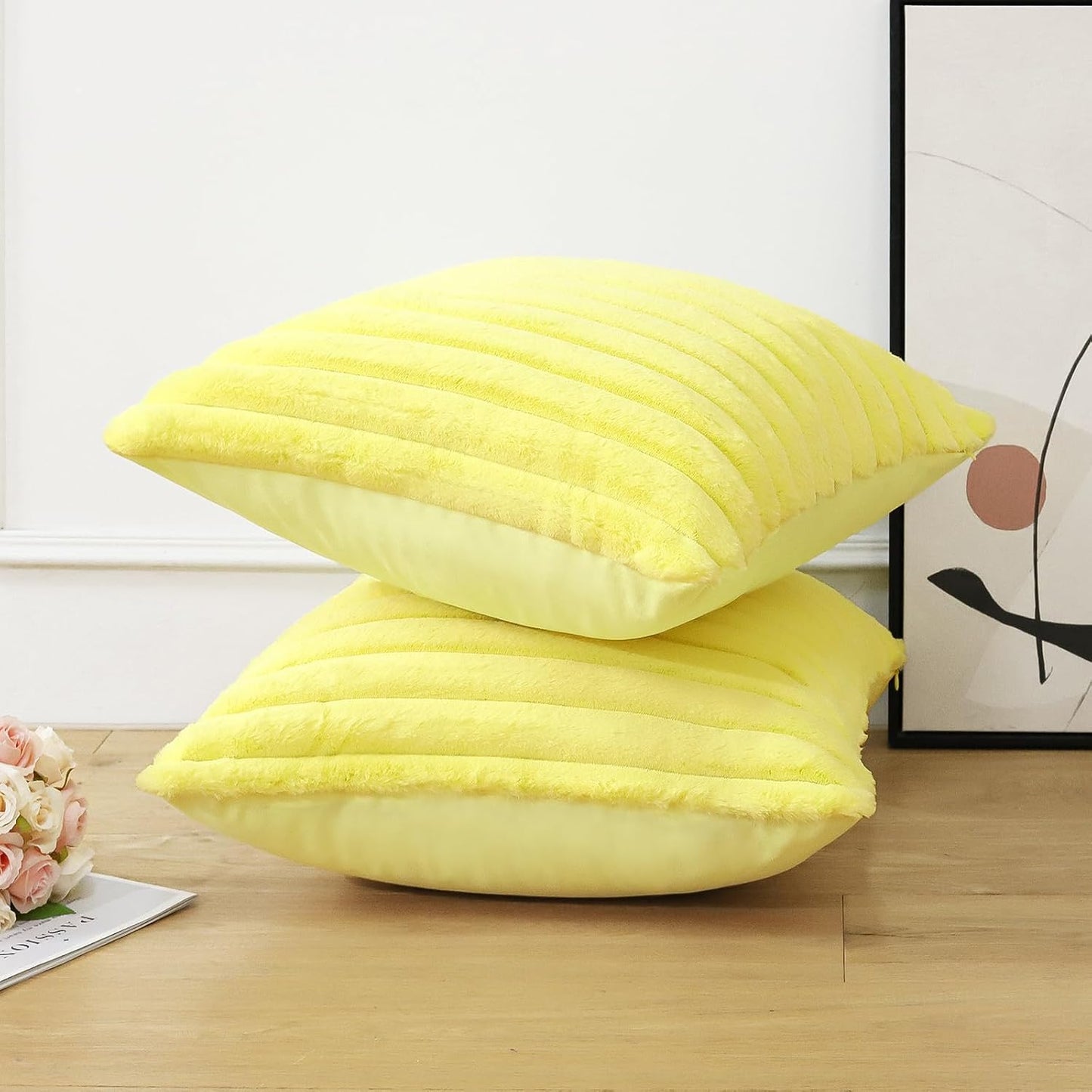 Soleebee Set of 2 Throw Pillow Covers Soft Cozy Velvet Pillowcase Faux Rabbit Fur Cover for Couch Sofa Bed Chair Home Decorative Pillows Cover (24x24 Inch, Lemon Yellow)