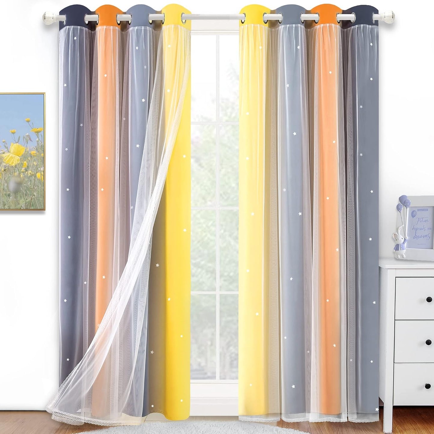 Christmas Rainbow Star Cutout Curtain for Bedroom - Double Layer Grommet Curtains Star Hollowed Curtain Rainbow Stripe Princess Curtains with Tie Backs Yellow/Grey 52W x 84L 2 Panels