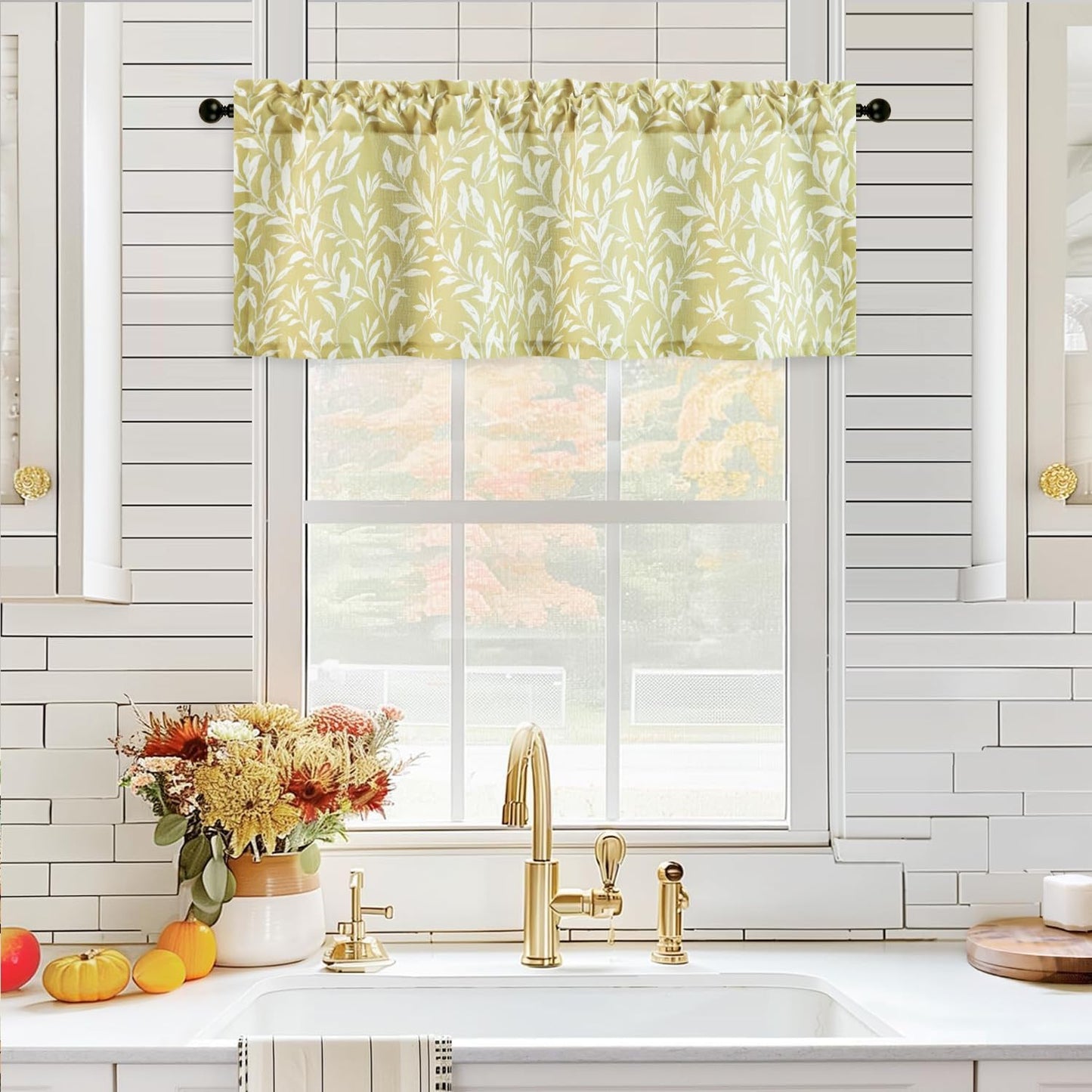 VOGOL Curtain Valances Leaves Meticulous Printed Window Curtains for Kitchen, Top Rod Pocket 52 x 18 Valance for Farmhouse Small Window, Yellow, One Panel