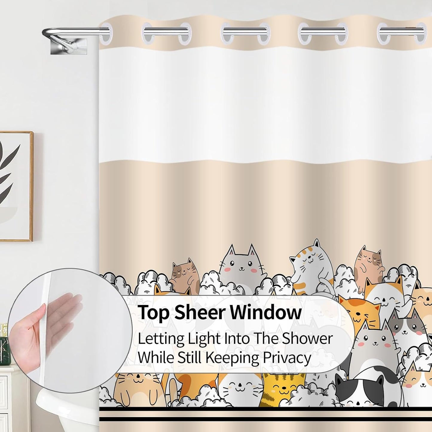 Cat Shower Curtain for Kids, Cartoon Animal Shower Curtain with Snap in Liner Set Double-Layer Hookless Shower Curtain for Bathroom Yellow 71x74Inch