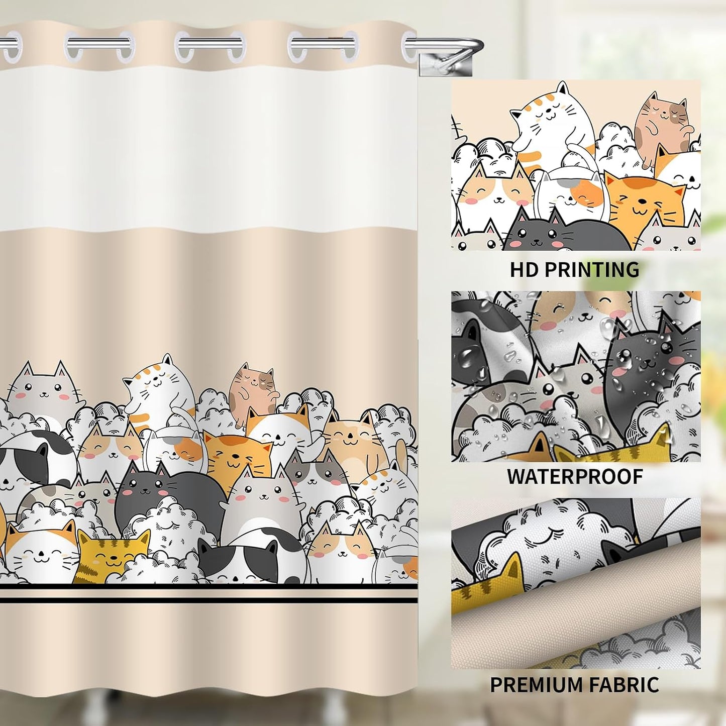 Cat Shower Curtain for Kids, Cartoon Animal Shower Curtain with Snap in Liner Set Double-Layer Hookless Shower Curtain for Bathroom Yellow 71x74Inch