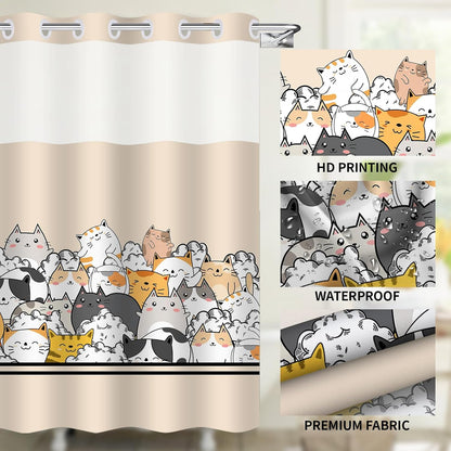 Cat Shower Curtain for Kids, Cartoon Animal Shower Curtain with Snap in Liner Set Double-Layer Hookless Shower Curtain for Bathroom Yellow 71x74Inch