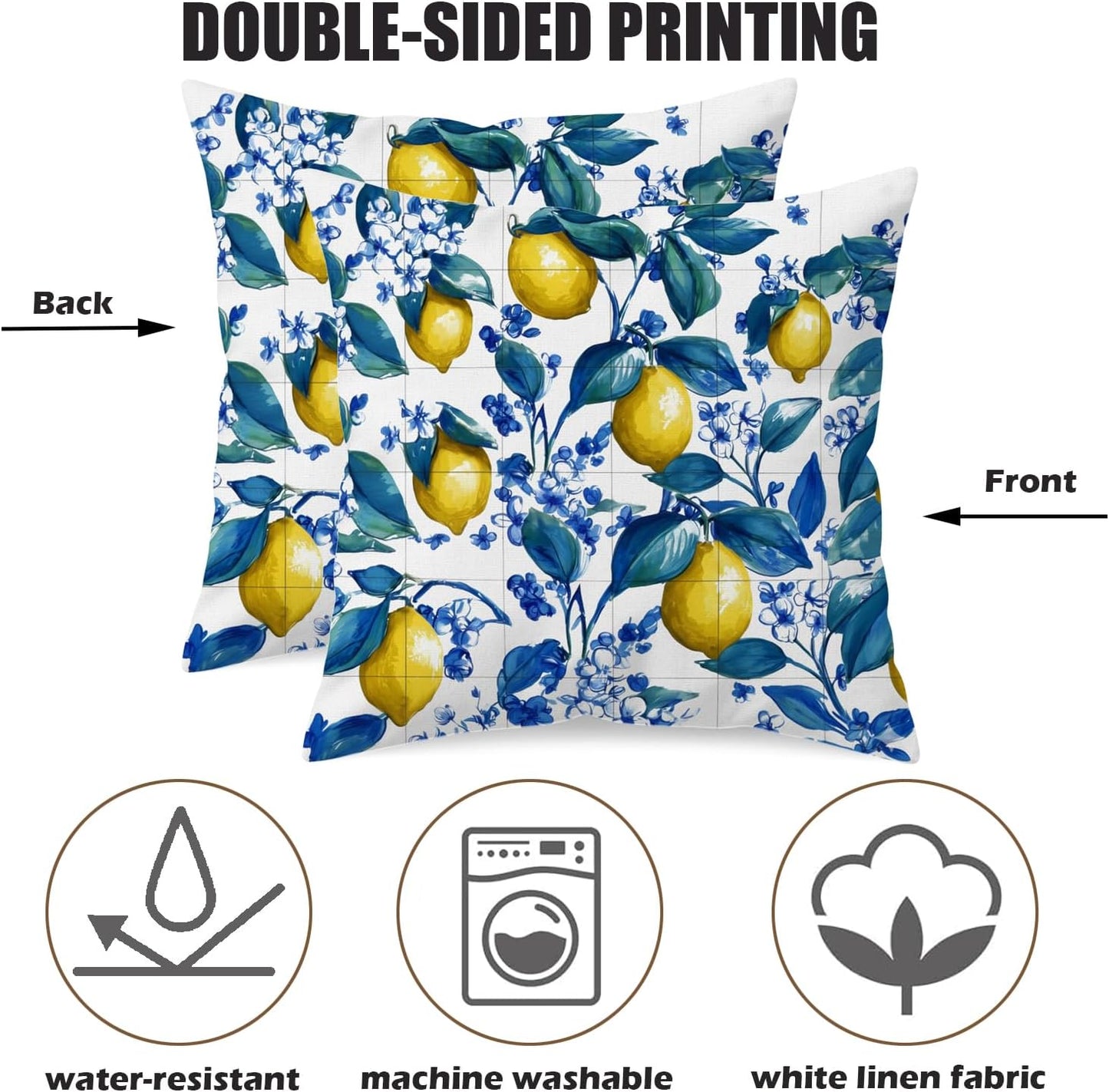 Blue Lemon Pillow Covers 18x18 Set of 2, Mediterranean Italian Lemon Floral Tile Decorative Throw Pillow Covers, Double-Sided Cushion Covers for Couch Sofa Farmhouse Spring Summer Kitchen Home Decor