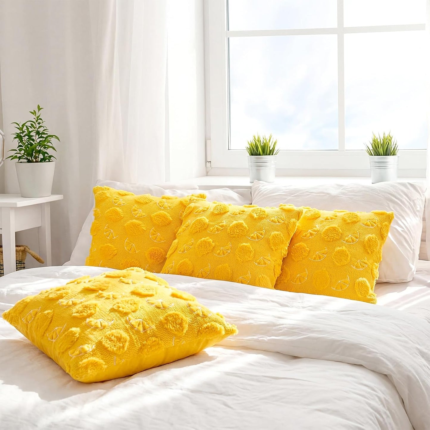 Novabright Set of 2 Decorative Yellow Pillow Covers 18 X18 Cute Lemon Faux Fur Throw Case Soft Plush Aesthetic Pillow Covers for Holiday Gift Sofa Couch Living Room Decor