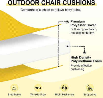 downluxe Outdoor Chair Cushions Set of 2 for Patio Furniture, Water-Resistant Patio Chair Cushions with Ties, High Density Foam Outdoor Seat Cushion, 17" X 16" X 2", Yellow