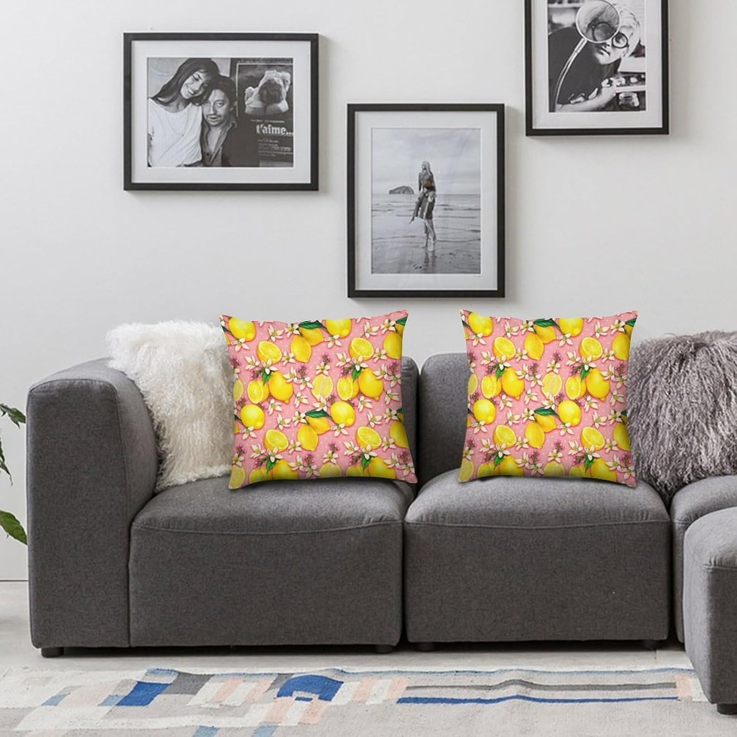 Yellow Lemon Throw Pillow Covers 16x16 Inch Set of 2, Cute Pink Fresh Fruit Summer Pillowcases Cushions for Couch Sofa Bedroom Living Room