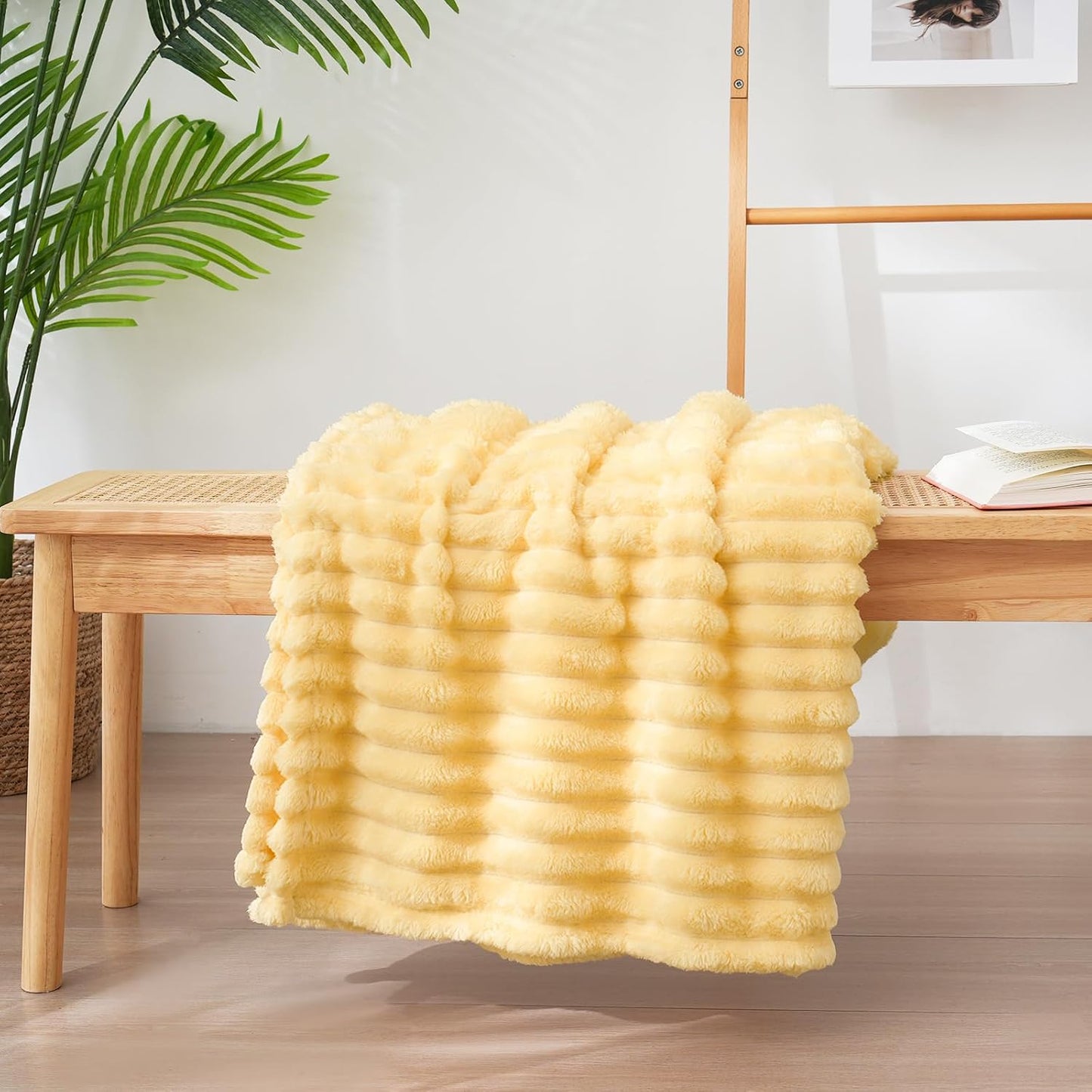 Vessia Flannel Fleece Throw Blanket for Couch,Sofa,Bed, 300GSM Striped Light Yellow Throw Blanket for Adults and Kids, Super Soft Warm Cozy Lightweight Home Decor for All-Season(50x70inch)