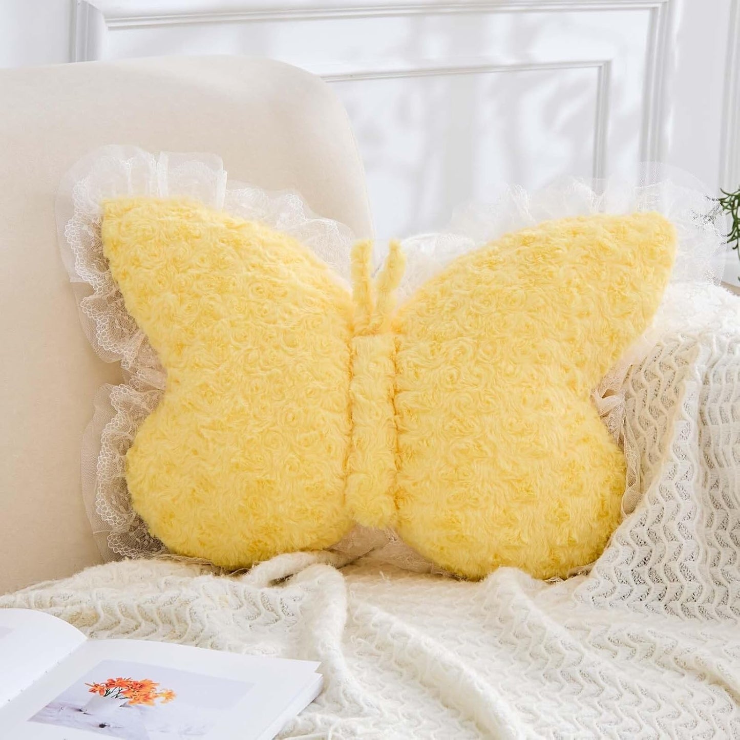 XVTRU Butterfly Pillow Yellow Decorative Pillows 15" Butterfly Shaped Cute Throw Pillows with Lace Aesthetic Bow Plush Cushion for Room Decor Bed Sofa Couch