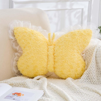 XVTRU Butterfly Pillow Yellow Decorative Pillows 15" Butterfly Shaped Cute Throw Pillows with Lace Aesthetic Bow Plush Cushion for Room Decor Bed Sofa Couch