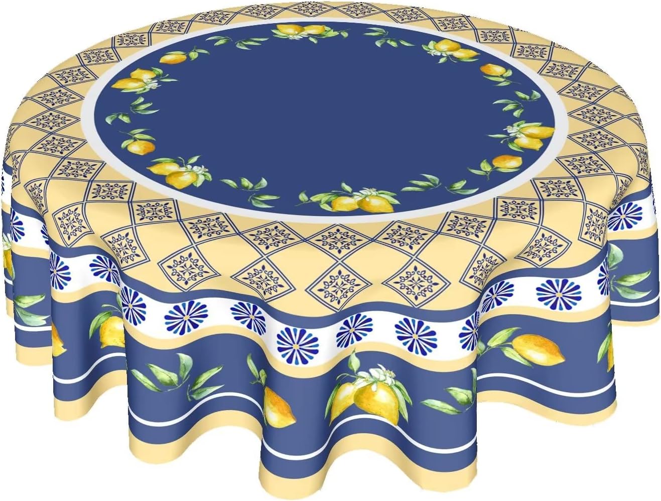 Summer Lemon Tablecloth Round 60 Inch Yellow and Blue Table Cloths Polyester Fabric Watercolor Summer Floral Table Cover Navy Blue Outdoor Dining Table Cloth for Kitchen Dining Room Picnic Party