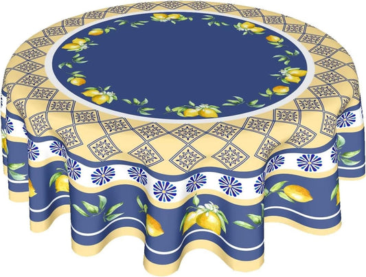 Summer Lemon Tablecloth Round 60 Inch Yellow and Blue Table Cloths Polyester Fabric Watercolor Summer Floral Table Cover Navy Blue Outdoor Dining Table Cloth for Kitchen Dining Room Picnic Party