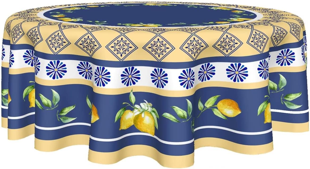 Summer Lemon Tablecloth Round 60 Inch Yellow and Blue Table Cloths Polyester Fabric Watercolor Summer Floral Table Cover Navy Blue Outdoor Dining Table Cloth for Kitchen Dining Room Picnic Party
