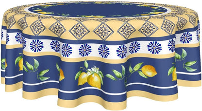 Summer Lemon Tablecloth Round 60 Inch Yellow and Blue Table Cloths Polyester Fabric Watercolor Summer Floral Table Cover Navy Blue Outdoor Dining Table Cloth for Kitchen Dining Room Picnic Party