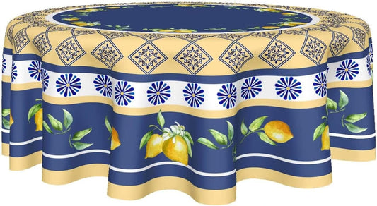 Summer Lemon Tablecloth Round 60 Inch Yellow and Blue Table Cloths Polyester Fabric Watercolor Summer Floral Table Cover Navy Blue Outdoor Dining Table Cloth for Kitchen Dining Room Picnic Party