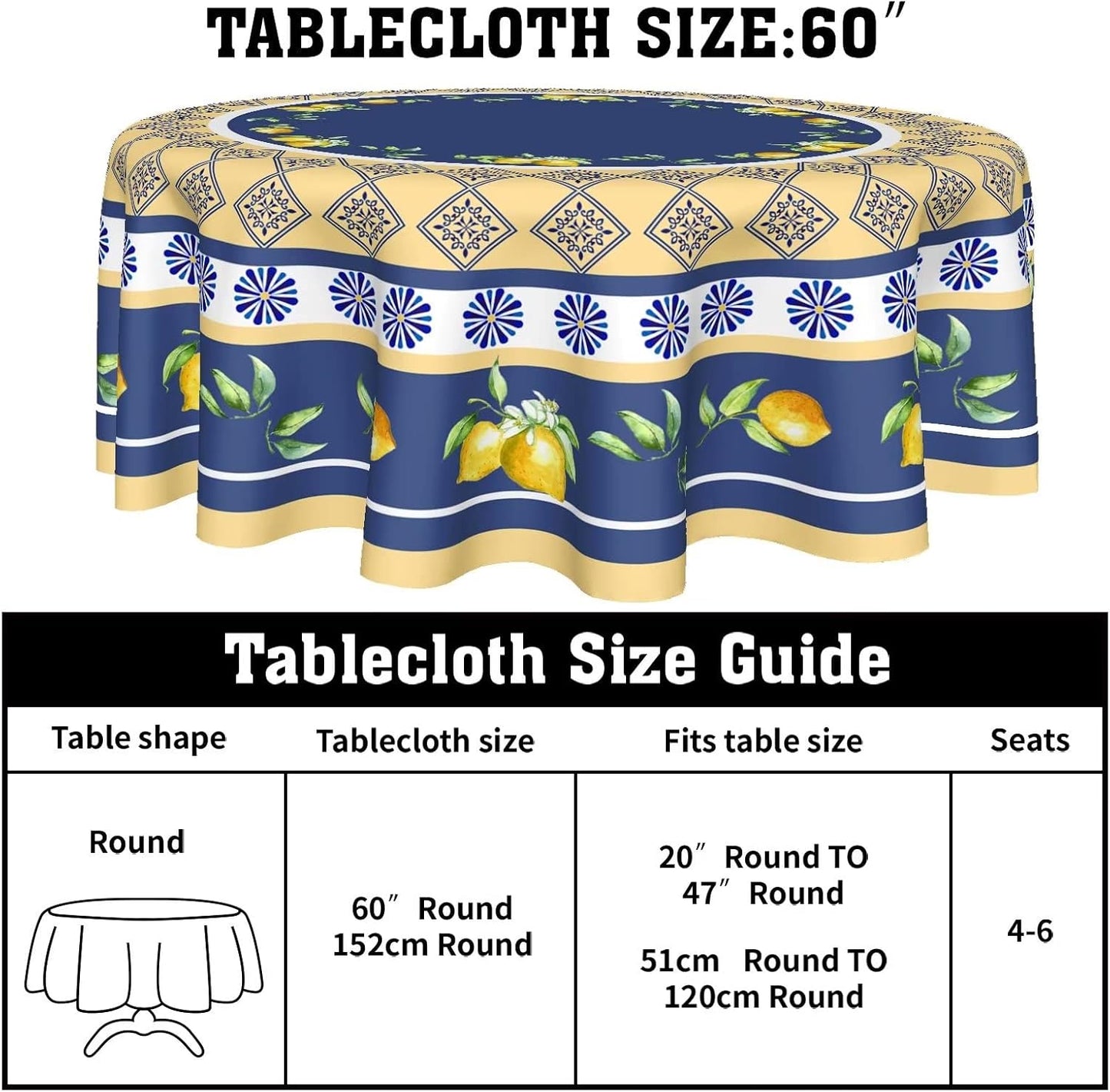 Summer Lemon Tablecloth Round 60 Inch Yellow and Blue Table Cloths Polyester Fabric Watercolor Summer Floral Table Cover Navy Blue Outdoor Dining Table Cloth for Kitchen Dining Room Picnic Party