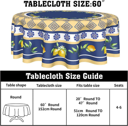 Summer Lemon Tablecloth Round 60 Inch Yellow and Blue Table Cloths Polyester Fabric Watercolor Summer Floral Table Cover Navy Blue Outdoor Dining Table Cloth for Kitchen Dining Room Picnic Party