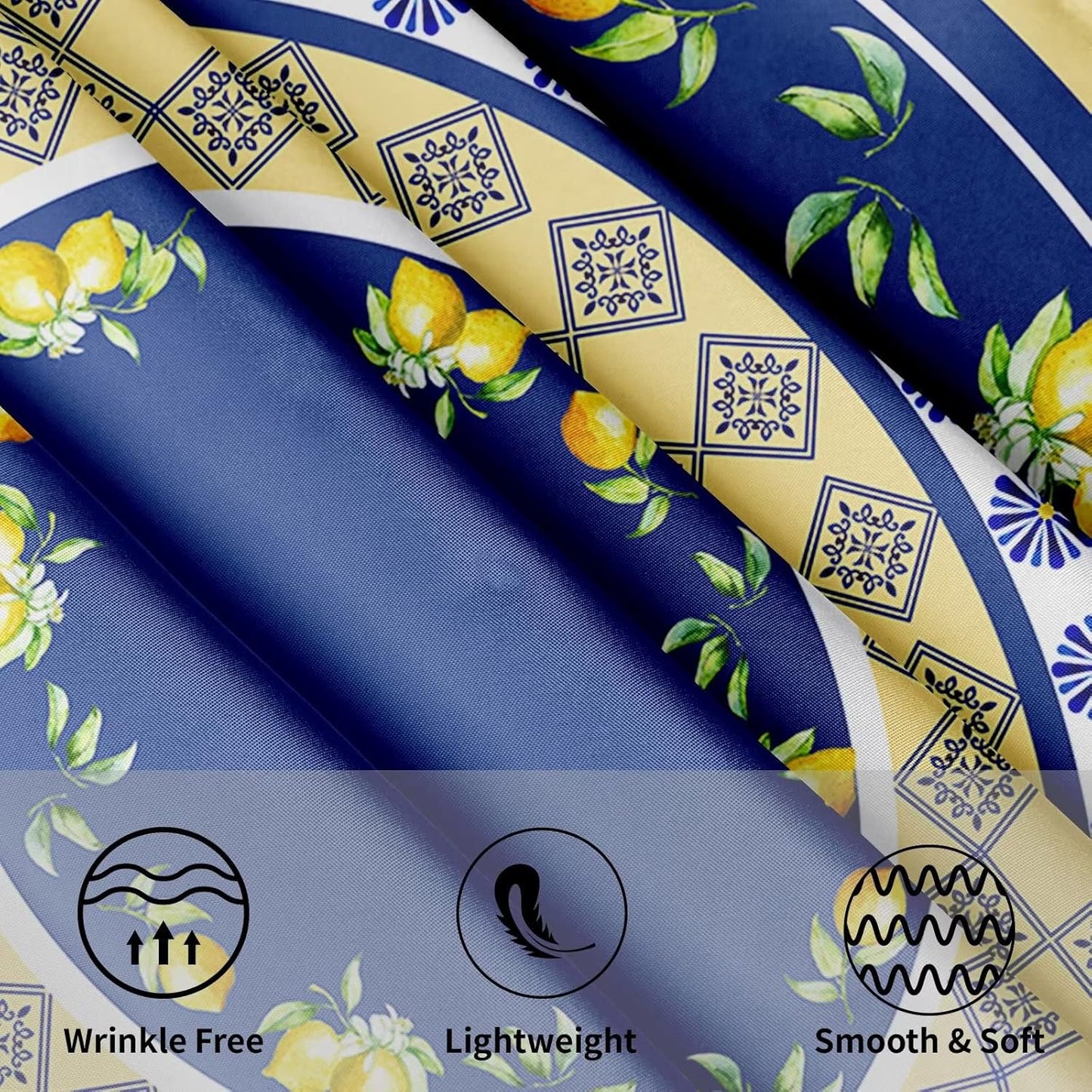 Summer Lemon Tablecloth Round 60 Inch Yellow and Blue Table Cloths Polyester Fabric Watercolor Summer Floral Table Cover Navy Blue Outdoor Dining Table Cloth for Kitchen Dining Room Picnic Party