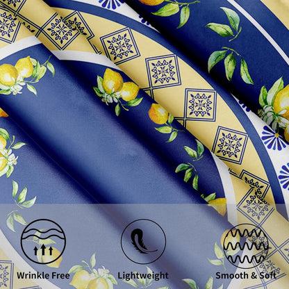 Summer Lemon Tablecloth Round 60 Inch Yellow and Blue Table Cloths Polyester Fabric Watercolor Summer Floral Table Cover Navy Blue Outdoor Dining Table Cloth for Kitchen Dining Room Picnic Party