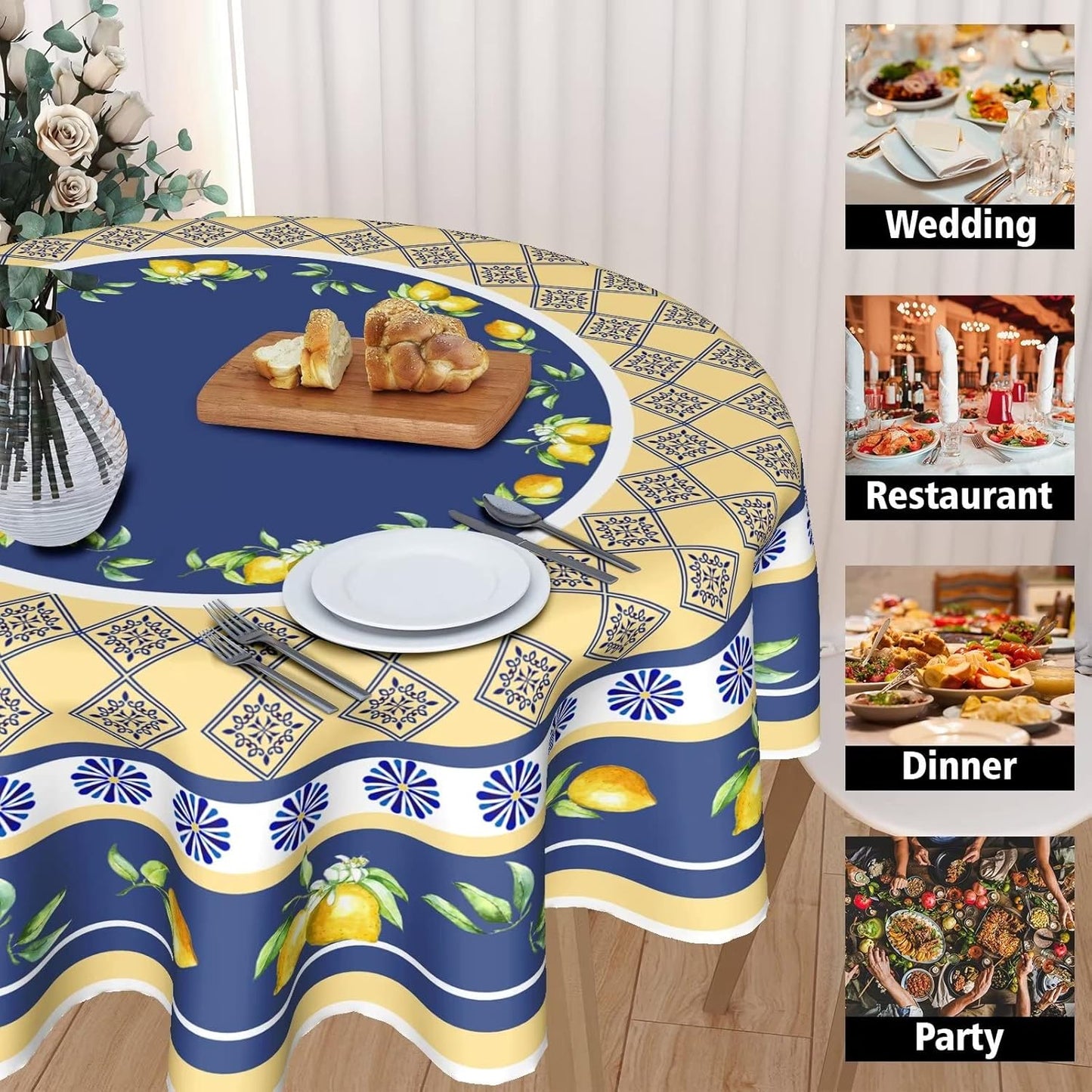 Summer Lemon Tablecloth Round 60 Inch Yellow and Blue Table Cloths Polyester Fabric Watercolor Summer Floral Table Cover Navy Blue Outdoor Dining Table Cloth for Kitchen Dining Room Picnic Party