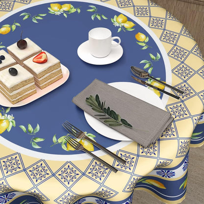 Summer Lemon Tablecloth Round 60 Inch Yellow and Blue Table Cloths Polyester Fabric Watercolor Summer Floral Table Cover Navy Blue Outdoor Dining Table Cloth for Kitchen Dining Room Picnic Party