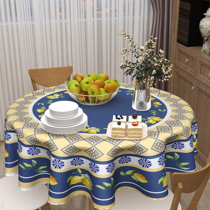 Summer Lemon Tablecloth Round 60 Inch Yellow and Blue Table Cloths Polyester Fabric Watercolor Summer Floral Table Cover Navy Blue Outdoor Dining Table Cloth for Kitchen Dining Room Picnic Party