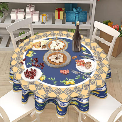 Summer Lemon Tablecloth Round 60 Inch Yellow and Blue Table Cloths Polyester Fabric Watercolor Summer Floral Table Cover Navy Blue Outdoor Dining Table Cloth for Kitchen Dining Room Picnic Party