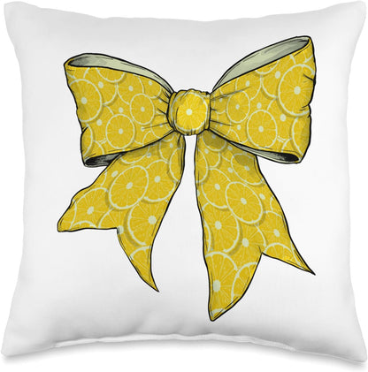 Lemon Slice Yellow Pattern Girl Coquette Bow Ribbon Throw Pillow
