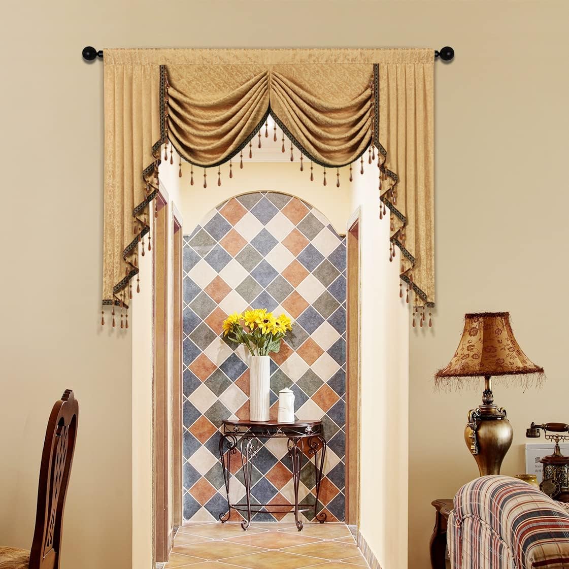 ELKCA Jacquard Waterfall Valance with Luxury Beads Yellow Window Curtains Valance for Living Room,Rod Pocket, 1 Panel (Yellow, W59 inch)