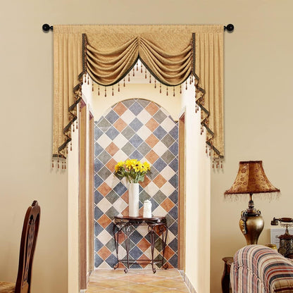 ELKCA Jacquard Waterfall Valance with Luxury Beads Yellow Window Curtains Valance for Living Room,Rod Pocket, 1 Panel (Yellow, W59 inch)