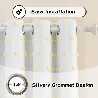 MYSKY HOME 100% Blackout Curtains for Nursery Thermal Insulated Yellow Pom Pom Curtains 63 Inch Length for Girls Bedroom 2 Panels Grommet White Sheer Curtains for Dining Room, 52W x 63L