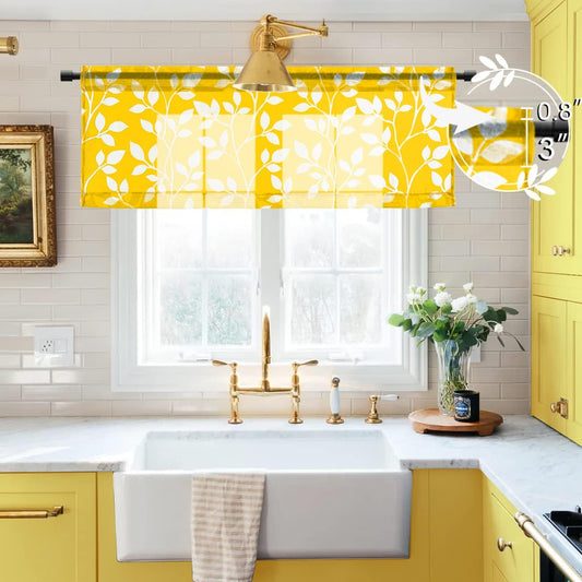 XTMYI Yellow Valance Curtais for Kitchen Window,Rod Pocket Sheer Spring Window Treatments Valence for Living Room Bedroom Bathroom,Mustard Sunflower Lemon Yellow and White