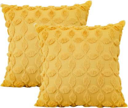 OTOSTAR Set of 2 Soft Plush Short Wool Velvet Decorative Throw Pillow Covers with 3D Flower Pattern Cushion Covers - Couch Sofa Pillow Covers for Living Room - Yellow 18x18 Inch