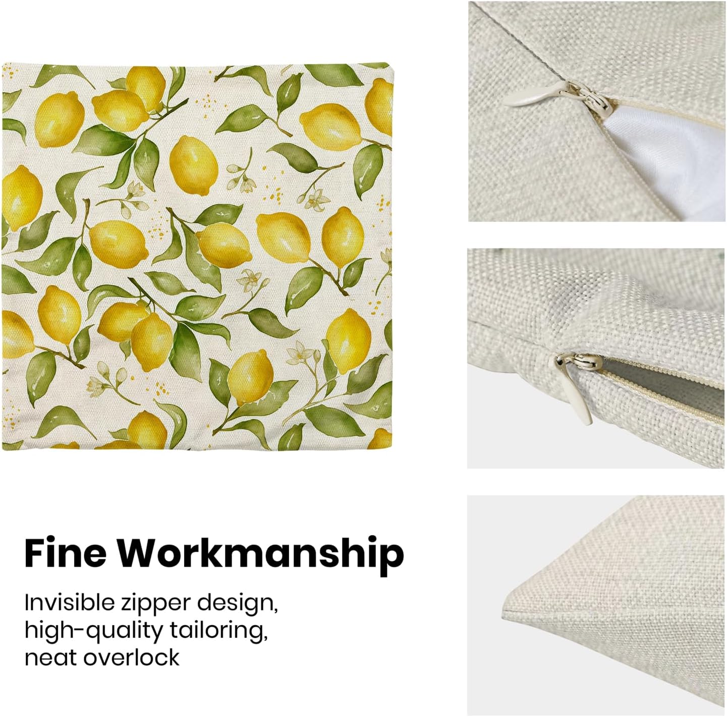 Summer Pillow Covers 18x18 Inch Set of 2 Yellow Lemon Floral Throw Pillows Outdoor Decorative Seasonal Spring Summer Yellow Green Leaves Floral Pillowcases Linen Cushion Covers for Sofa Couch