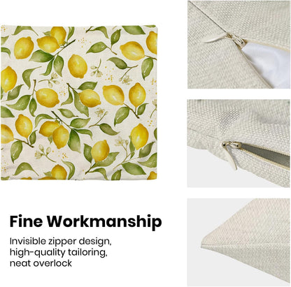 Summer Pillow Covers 18x18 Inch Set of 2 Yellow Lemon Floral Throw Pillows Outdoor Decorative Seasonal Spring Summer Yellow Green Leaves Floral Pillowcases Linen Cushion Covers for Sofa Couch