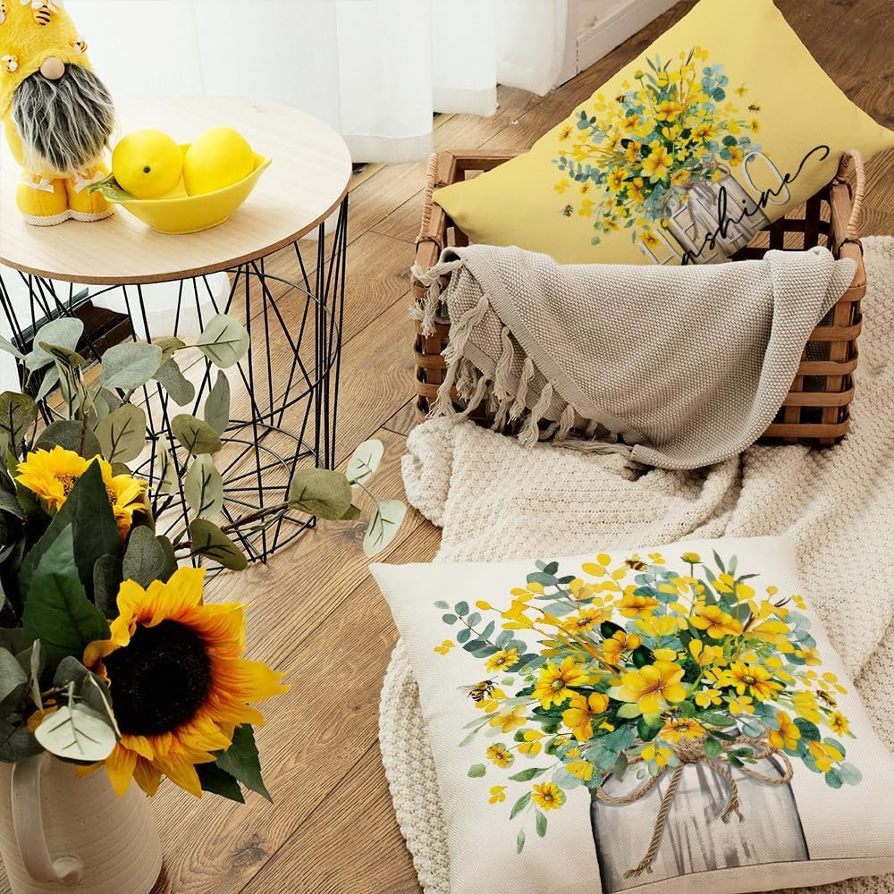 AACORS Spring Pillow Cover 18x18 Inch Eucalyptus Flowers Decor Vase Bee Farmhouse Summer Pillow Case Decorations for Home Sofa Couch AA509-18
