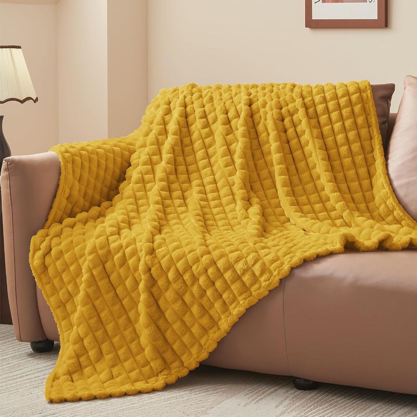 BEDELITE Mustard Yellow Throw Blanket for Couch - Soft Lightweight 3D Checkered Fluffy Fuzzy Fleece Blanket, Luxurious Plush Cozy Summer Blanket for Home Room Decor, Gift for Women, 50"x60"