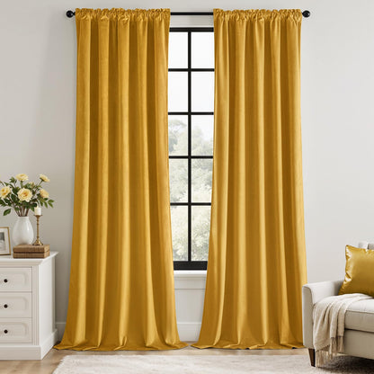 MIULEE Mustard Yellow Velvet Curtains 90 Inch Long Luxury Super Soft Thermal Insulated Blackout Curtains Room Darkening Drapes Rod Pocket Design for Bedroom Living Room Set of 2 Panels, W40 x L90 Inch