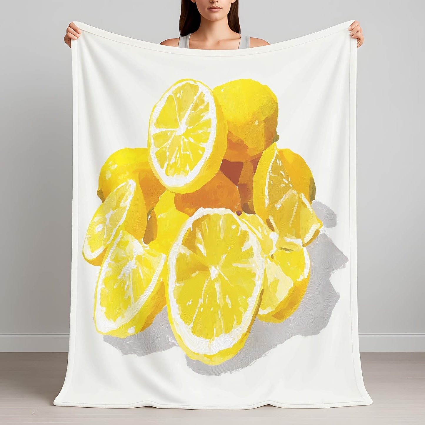 Classic Yellow Fluffy Blanket for Couch Sofa Bed, Oil Painting Lemon Fruit Printed Fleece Warm Throw Blanket, Cozy & Comfy Bedroom Living Room Blankets for All Seasons 90 x 90 Inches