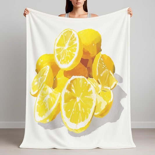 Classic Yellow Fluffy Blanket for Couch Sofa Bed, Oil Painting Lemon Fruit Printed Fleece Warm Throw Blanket, Cozy & Comfy Bedroom Living Room Blankets for All Seasons 90 x 90 Inches