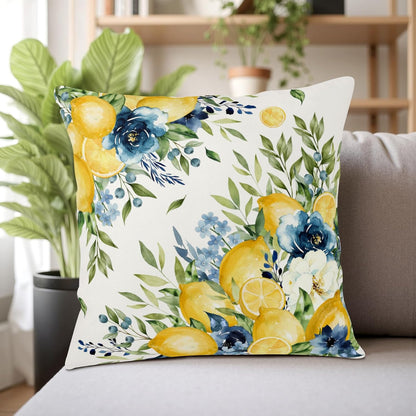 Summer Lemon Floral Pillow Covers 18x18 Set of 2 Yellow and Blue Lemons Fruit Flower Decorative Pillow Cases Spring Farmhouse Cushion Cover for Outdoor Sofa Couch Home Decor