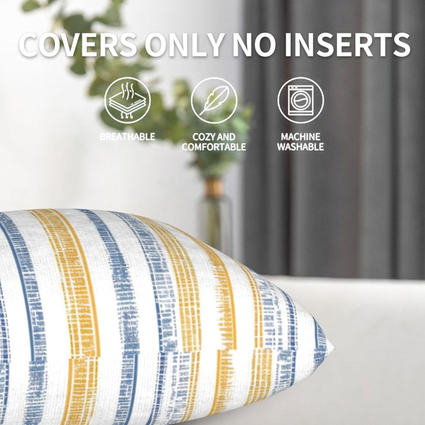 KiuLoam Boho Blue Yellow Striped Throw Pillow Covers 18 x 18 Set of 2, Summer Stripe Decorative Pillow Cases Square Cushion Covers for Bedroom Couch Bed Living Room Decor