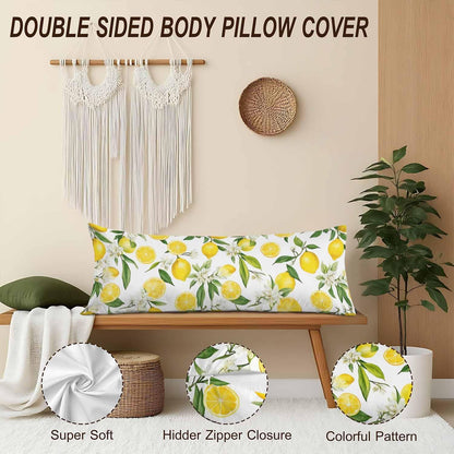Decorative Home Body Pillow Covers Lemon, Floral Lemon Yellow Breathable Pillow Cushion Cases Lumbar Body Pillow Cover Soft Body Pillowcase for Bedroom Couch Sofa 20x54 Inch