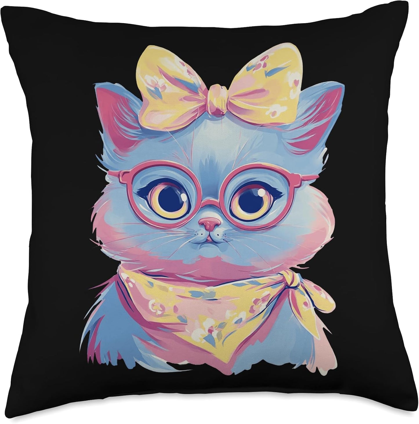 Blue Cat Portrait Cat Lover Graphic Pink Glasses Yellow Throw Pillow