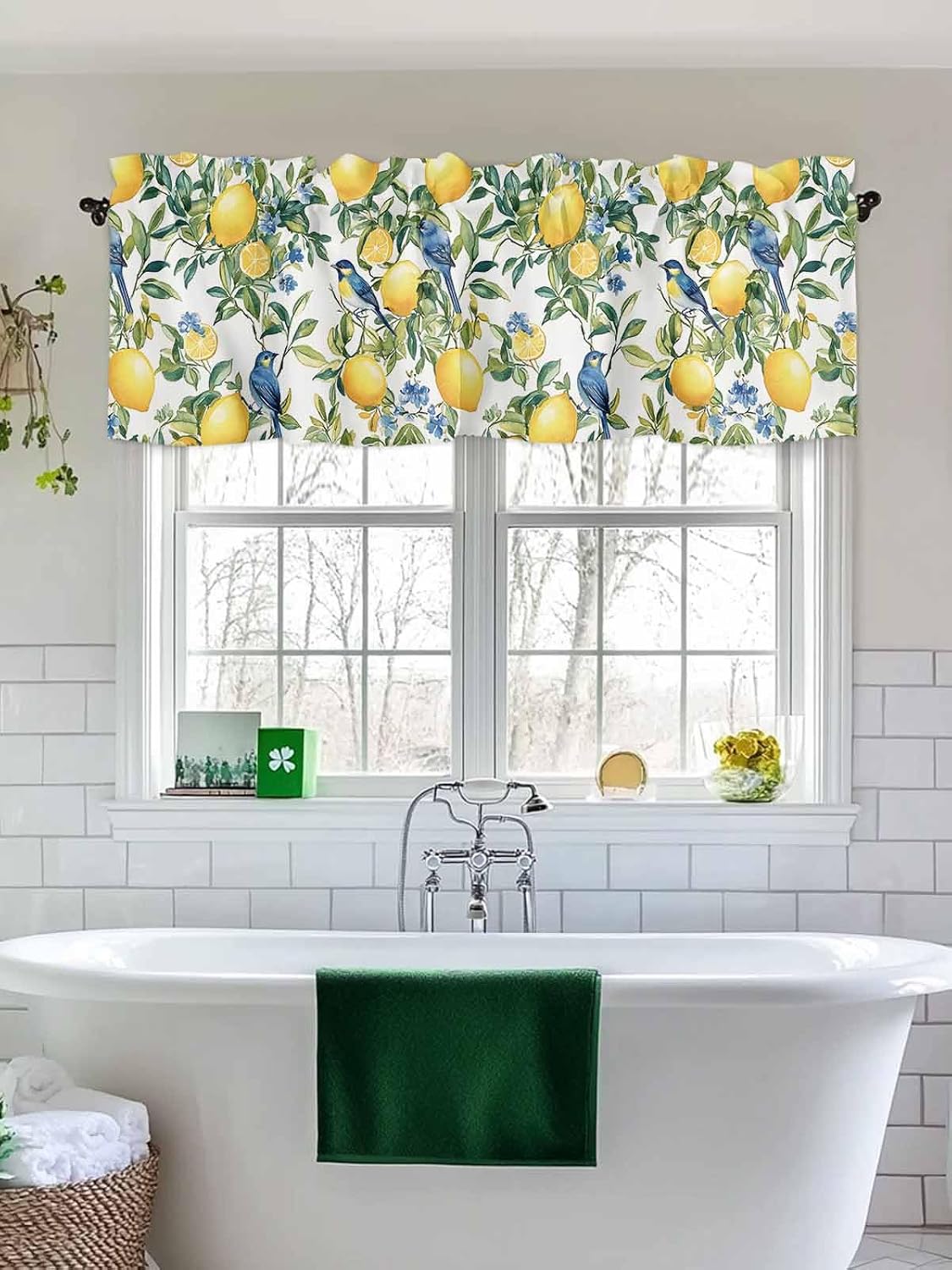 Chinoiserie Tropical Valances for Windows Yellow Lemon Blue Bird Pattern Kitchen Valance Curtains for Living Room/Bathroom Windows，Rod Pocket Cafe Curtain,1 Panel, 42" x12