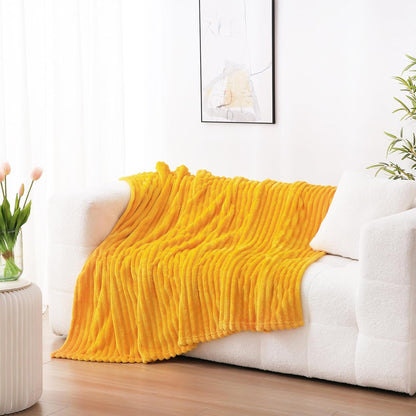 Yellow Fleece Throw Blanket 50”×60” for Couch Sofa Bed,Super Soft Cozy Plush Microfiber Flannel Blanket with 3D Stripes Lightweight for Adults,Woman,Gold